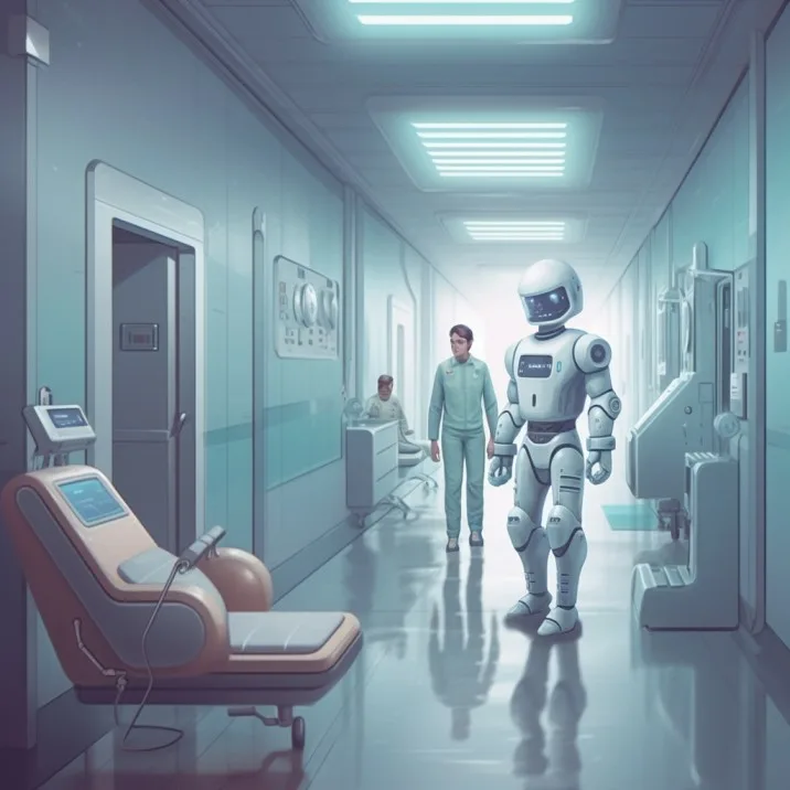 Futuristic healthcare environment featuring a high-tech diagnostic chair with a chatbot and a human figure standing nearby.