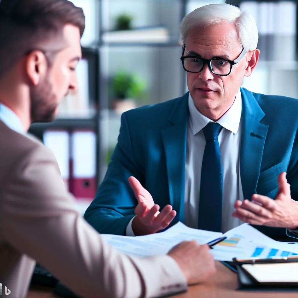 Accountant explaining financial charts and reports to a client in a professional office setting.