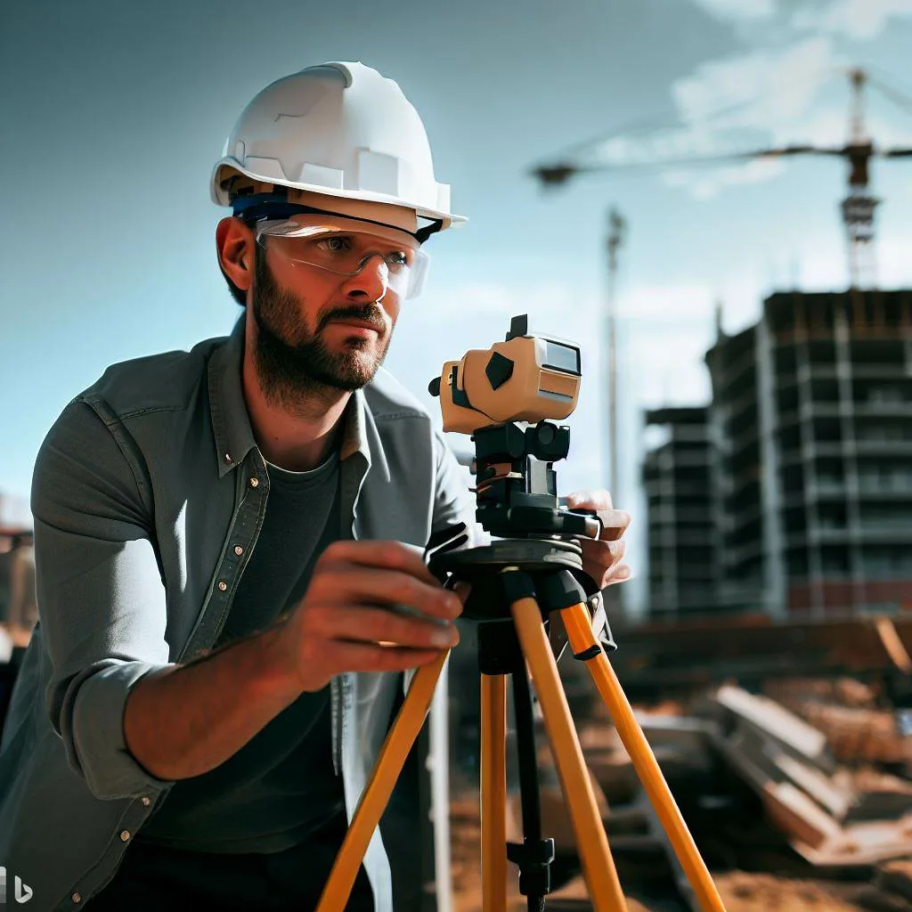 Architect wearing a white hard hat using a theodolite for measurement on a construction site, with a crane in the background.