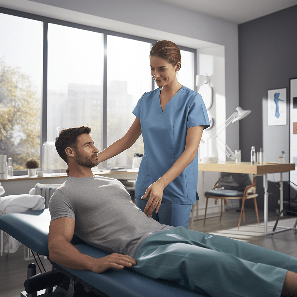 Physiotherapist providing treatment to a patient in a well-equipped treatment room.