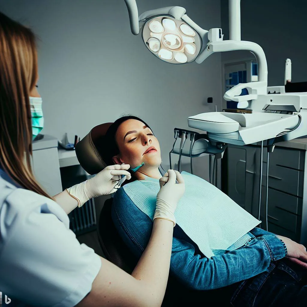 Dentist examining patient in well-equipped dental treatment room.