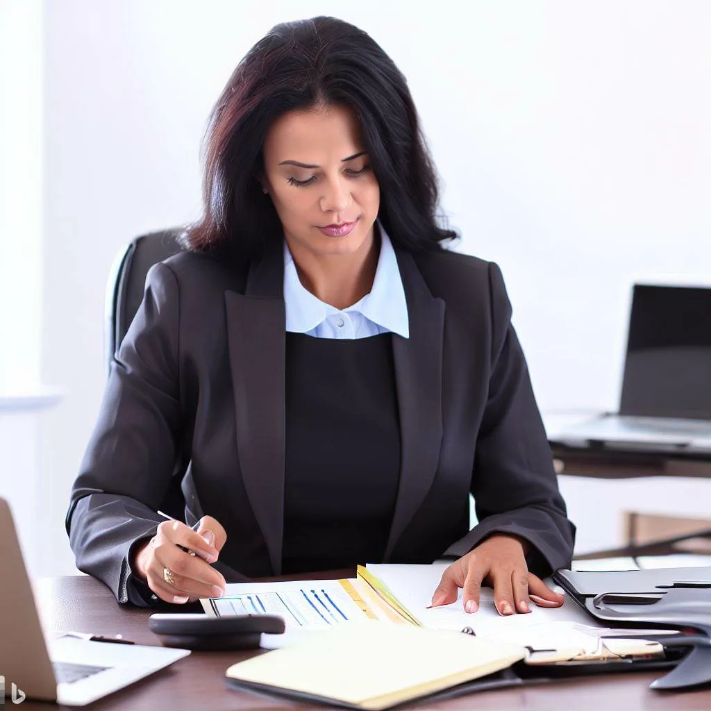 A dedicated fiduciary studying financial reports and charts at her desk, using a laptop, calculator, and taking notes to ensure optimal asset management and estate planning.