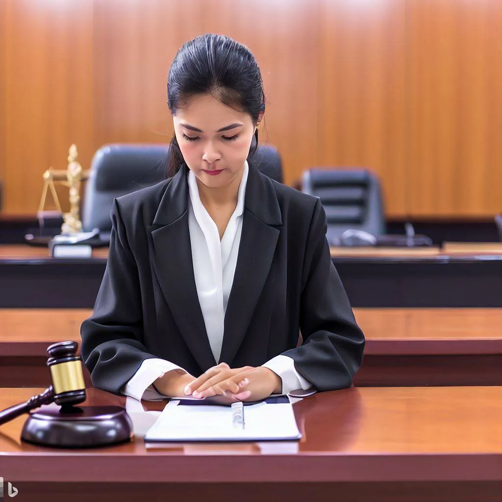 UK female lawyer seated at a legal bench in a courtroom with a gavel, notepad, and pen. Other legal benches visible in the background.