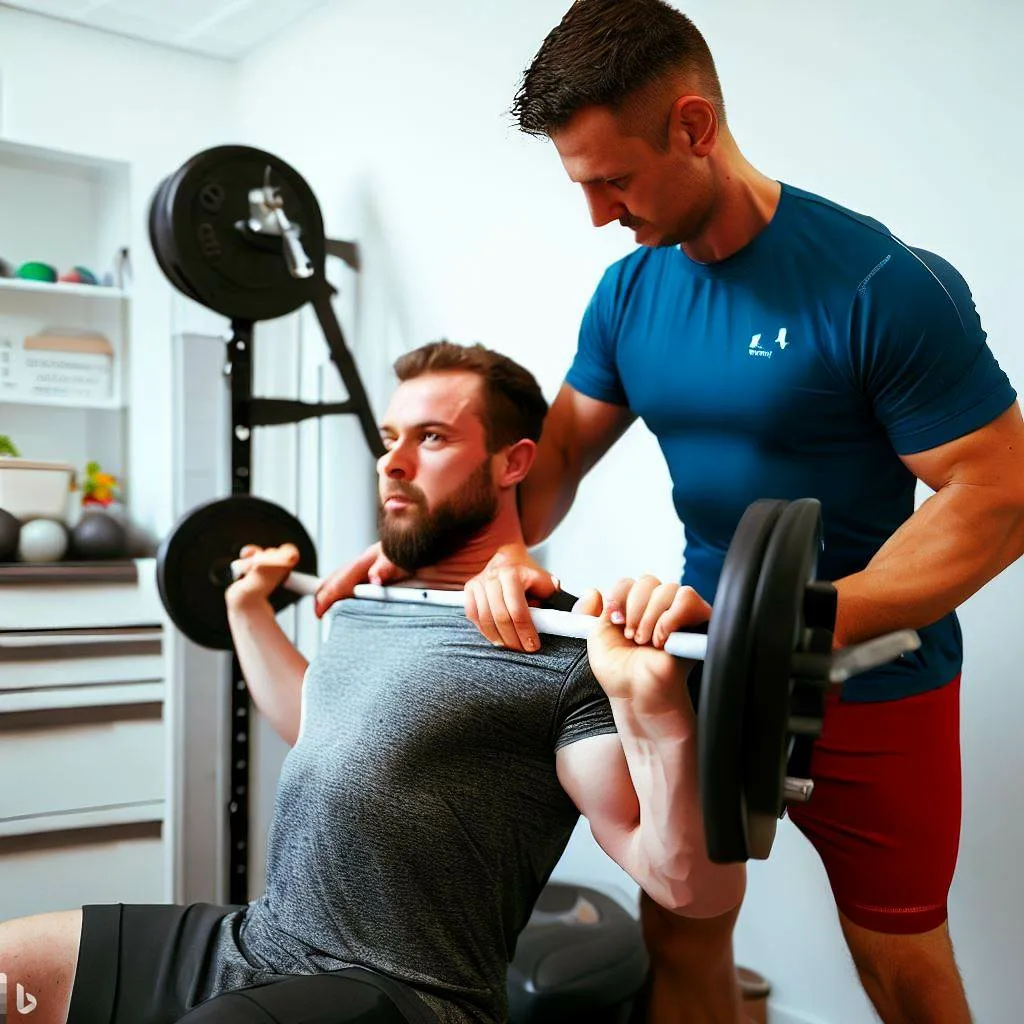 Sports Therapist instructing weight lifter on proper dumbbell holding technique in a treatment room.
