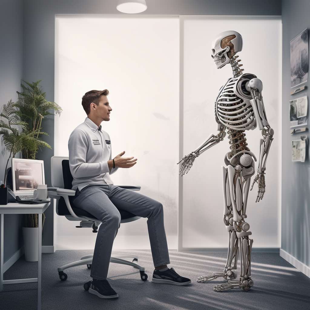 A person in a treatment room talking to a standing skeleton with an outstretched hand, symbolising a chiropractor's role in ensuring proper alignment of bones, muscles, and nerves.