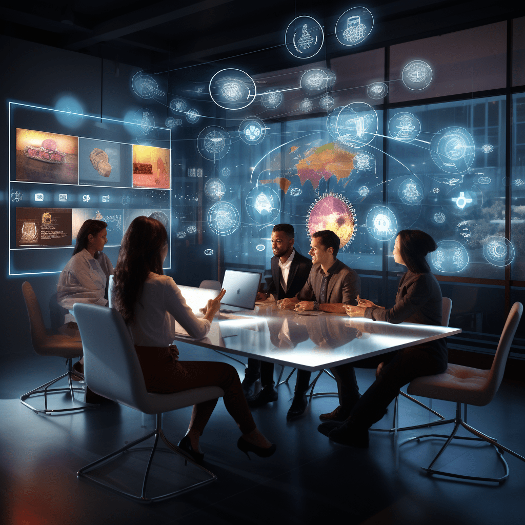 Marketing professionals in a digital classroom focused on a holographic ChatGPT display, surrounded by symbols of social media and AI concepts.