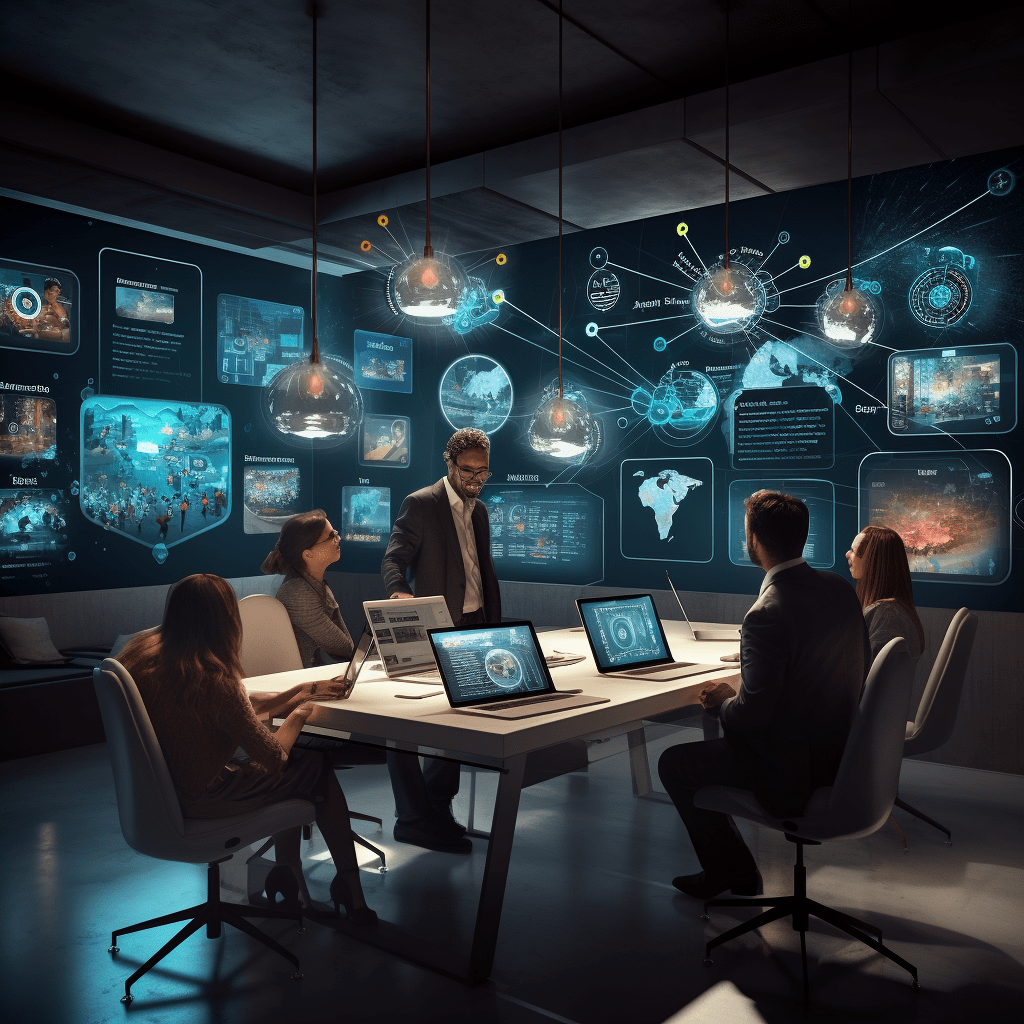 Marketing professionals in a digital classroom focused on a holographic ChatGPT display, surrounded by symbols of social media and AI concepts.