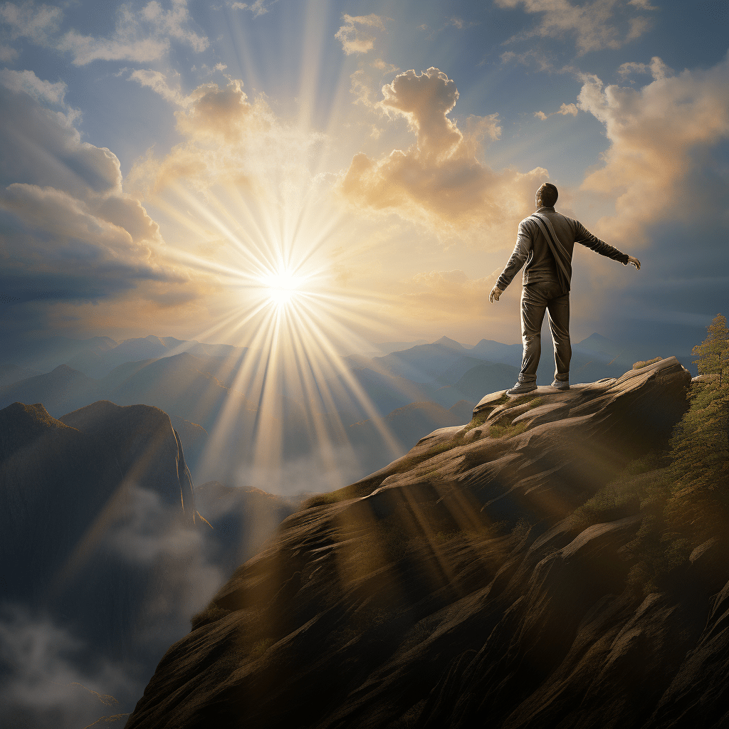Illustration of an inspiring leader standing on a mountain peak, bathed in sunlight.