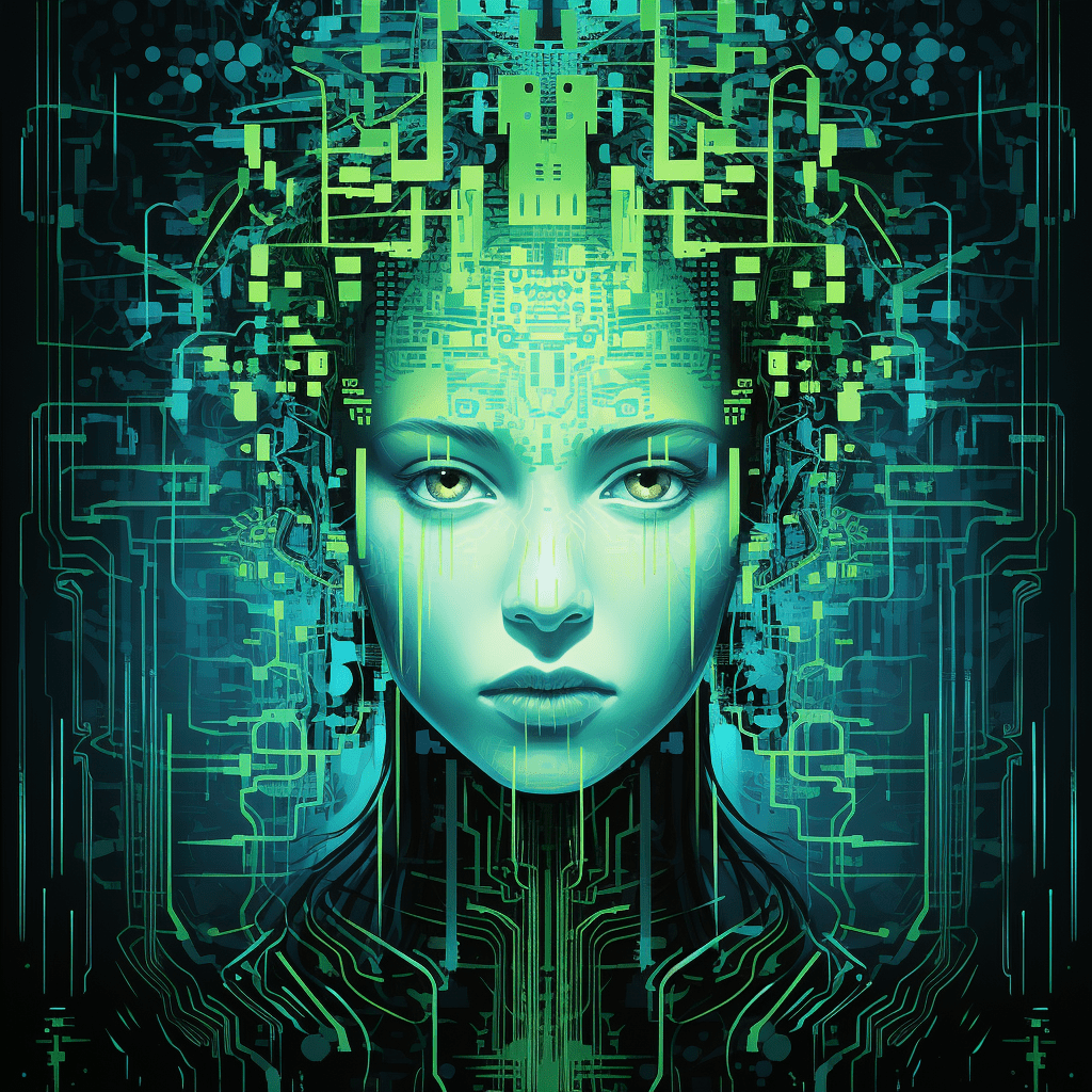 Abstract depiction of a human immersed in intricate tech patterns.