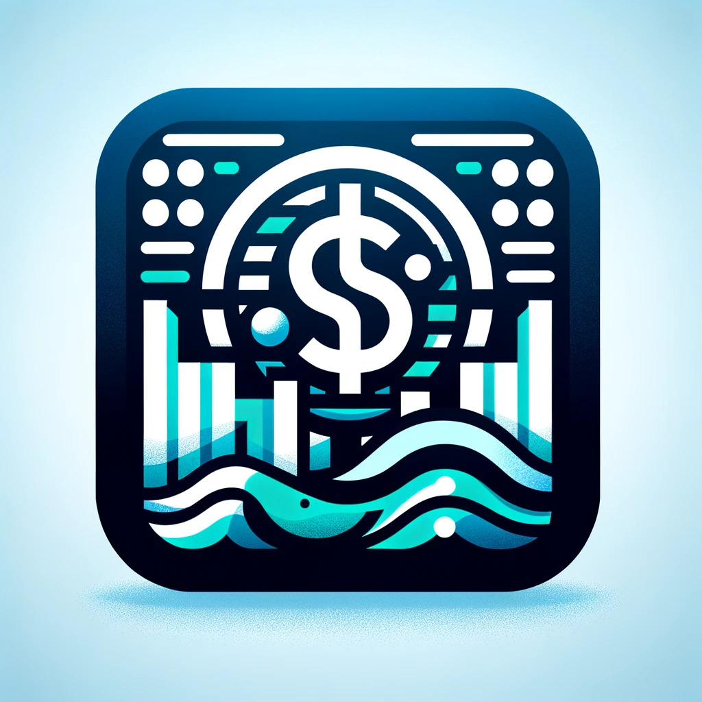 Icon for FinTech Offshore app featuring stylized digital finance symbol and offshore wave motif in bold blues and greens.