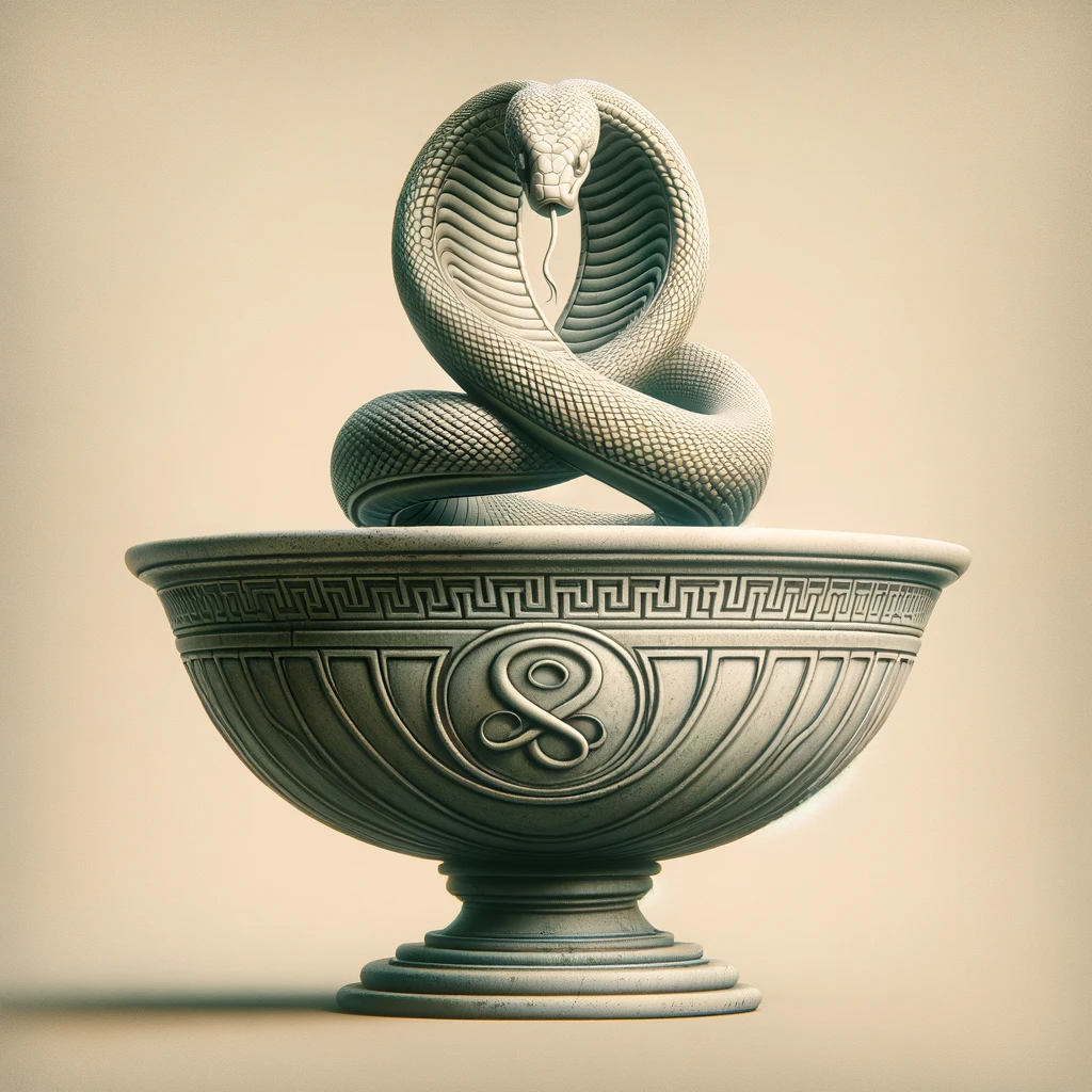 Artistic depiction of the Bowl of Hygieia with a snake coiled around an ancient Greek bowl, symbolising health and medicine in pharmacy.