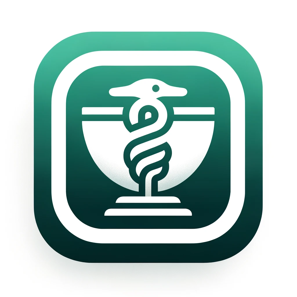 Minimalistic app icon for a pharmaceutical application featuring the Bowl of Hygieia symbol, with a snake entwined around a bowl against a clean background.