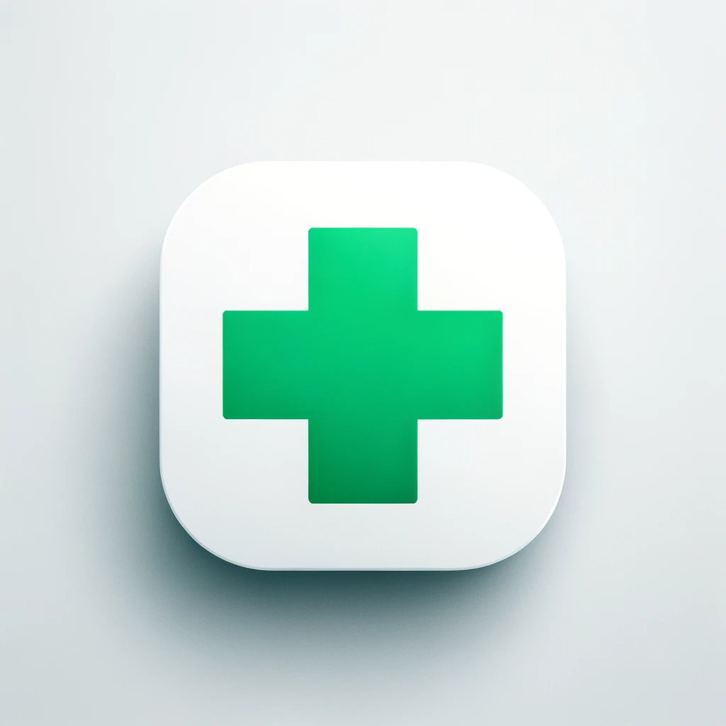 Minimalistic app icon featuring a bright green cross, symbolising European pharmacy, on a white background.