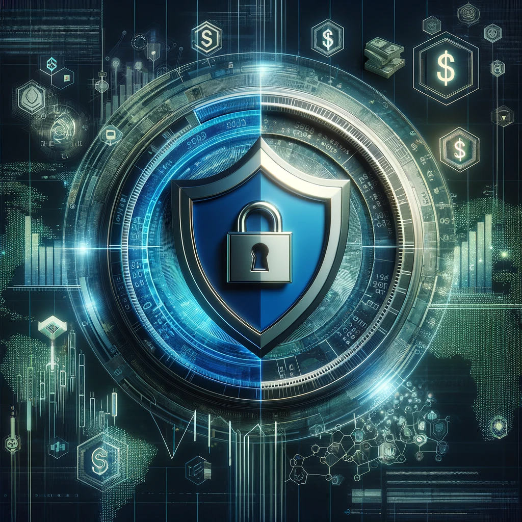 Illustration of a metallic shield and lock over a backdrop of financial symbols and digital data streams, symbolising cybersecurity and data protection in finance.